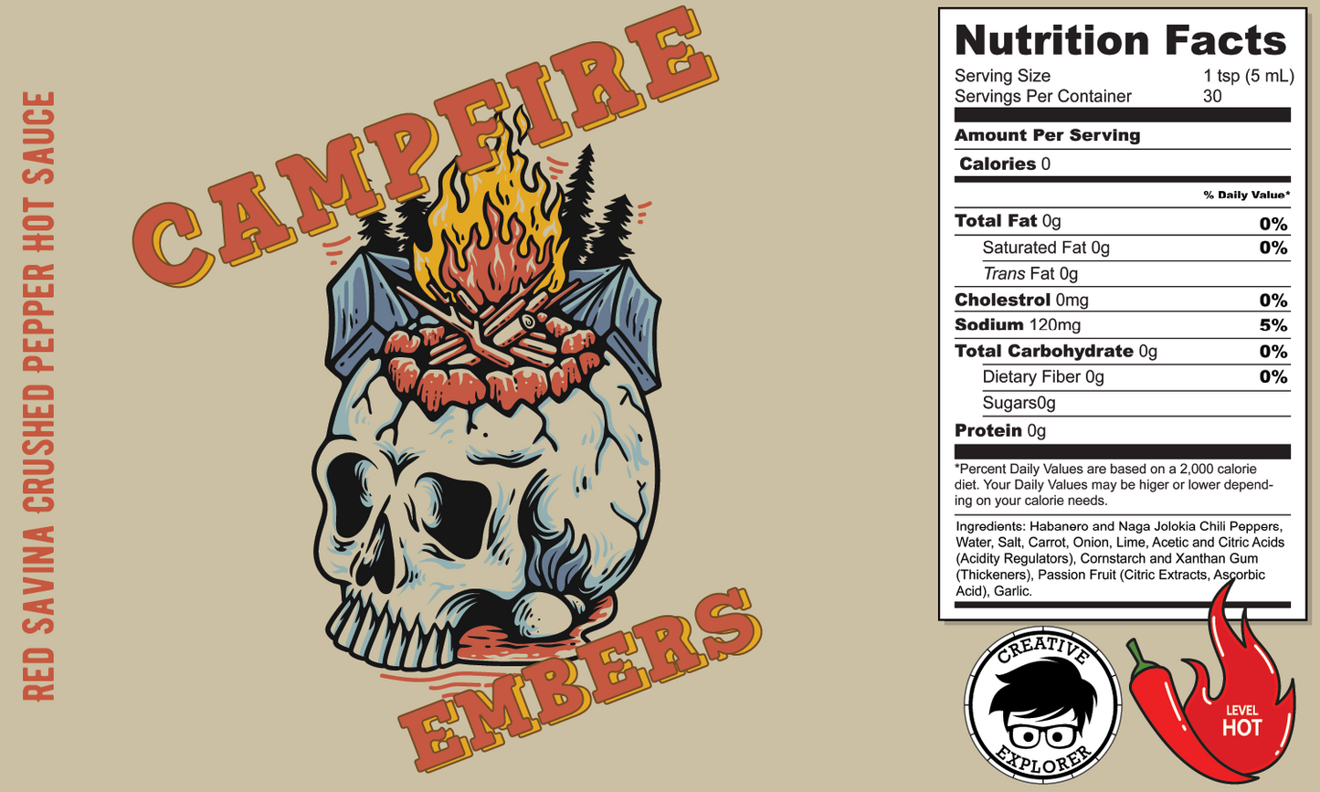 Campfire Embers Hot Sauce, Flavorful red savina sauce perfect for cook outs, camping and outdoor adventures