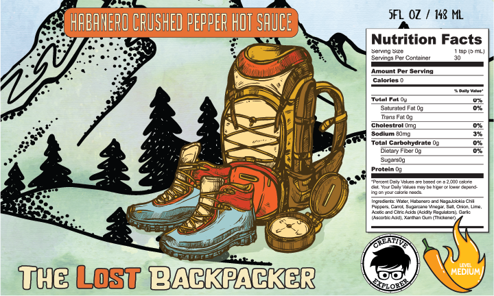 The Lost Backpacker Hot Sauce, Habanero Peppers, Medium Spice, Lots of Flavor, perfect for cookouts, camping and outdoor adventures