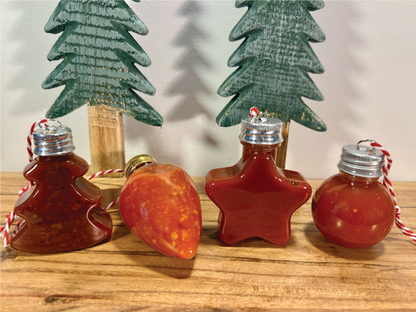 Unique Christmas Ornament Hot Sauce Baubles - Hot Sauce Sampler in Christmas Ornaments. Hang your Hot Sauce on the Tree. Unique Gift!