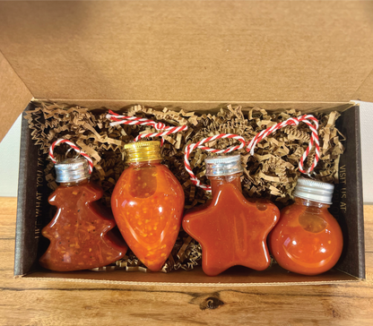 Unique Christmas Ornament Hot Sauce Baubles - Hot Sauce Sampler in Christmas Ornaments. Hang your Hot Sauce on the Tree. Unique Gift!